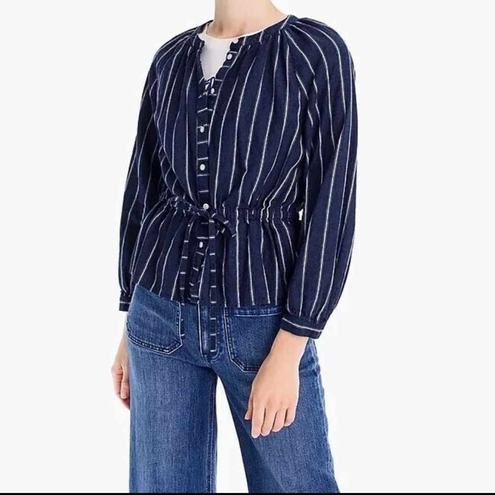 J Crew Tie Waist Button Top Indigo Blue Stripe Blouse Linen Blend Women’s Sz 6